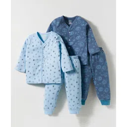 OHMS Single Jersey Full Sleeves Co-ords Night Suits with Tropical Theme Print Pack of 2 - Light & Navy Blue-picture-17