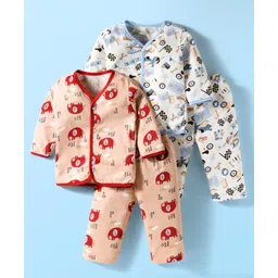 OHMS Single Jersey Knit Co-ord Full Sleeves Night Suit With Elephant Print Pack Of 2 - Peach & White-picture-23