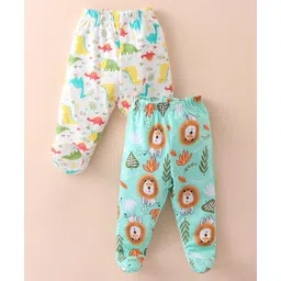 OHMS Single Jersey Knit Footed Bootie Leggings With Lion & Dinosaurs Print Pack Of 2 - Light Blue & Off White-picture-19