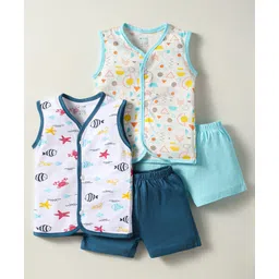 OHMS Single Jersey Knit Front Open Sleeveless Shorts Night Suit With Sea Life & Shapes Print Pack Of 2 - Navy Blue & Light Blue-picture-15