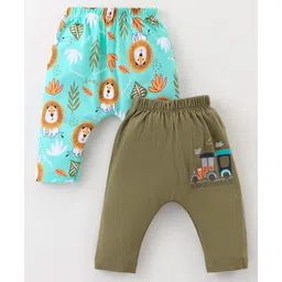 OHMS Single Jersey Knit Full Length Diaper Leggings With Animal & Vehicles Print Pack Of 2 - Light Blue & Olive-picture-37