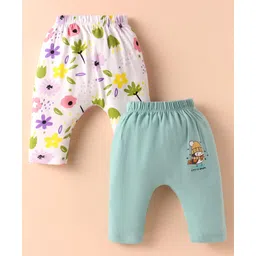 OHMS Single Jersey Knit Full Length Diaper Leggings With Floral Print Pack Of 2 - White & Teal Blue-picture-30