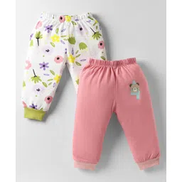 OHMS Single Jersey Knit Full Length Lounge Pant With Floral Print Pack Of 2 - Pink & White-picture-34