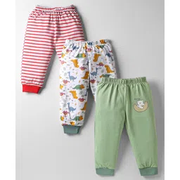 OHMS Single Jersey Knit Full Length Lounge Pants with Stripes & Dino Print Pack of 3 - Red White & Olive Green-picture-31