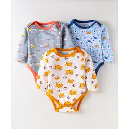 OHMS Single Jersey Knit Full Sleeves Animal Printed Onesies Pack of 3 - White & Grey-picture-15