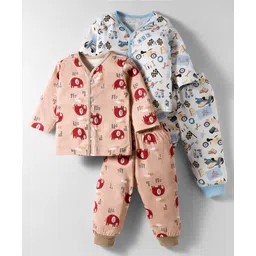 OHMS Single Jersey Knit Full Sleeves Co-ord Night Suit With Elephant Print Pack Of 2 - Peach & White-image-44