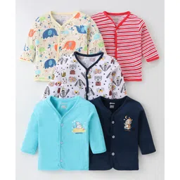OHMS Single Jersey Knit Full Sleeves Front Open Jhablas with Striped Elephant & Bear Print Pack of 5 - Red White & Blue-picture-24