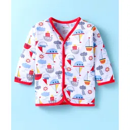 OHMS Single Jersey Knit Full Sleeves Front Open Vest with Boat Print - White & Red-image-13