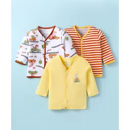 OHMS Single Jersey Knit Full Sleeves Front Open Vests with Animal Print & Stripes Pack of 3 - Yellow & White-image-7