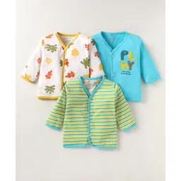 OHMS Single Jersey Knit Full Sleeves Front Open Vests With Striped & Leaves Printed Set Of 3 - White Light Blue Yellow-image-46