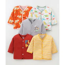 OHMS Single Jersey Knit Full Sleeves Front Open Vests with Striped Dino & Lion Print Pack of 5 - Maroon Yellow & Grey-image-6