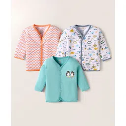 OHMS Single Jersey Knit Full Sleeves Front Open Vests With Submarine & Penguin Print Pack of 3 - Light Blue White & Orange-image-37