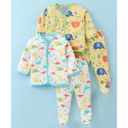 OHMS Single Jersey Knit Full Sleeves Night Suits With Animals Print Pack Of 2 - Yellow & White-image-26