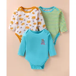 OHMS Single Jersey Knit Full Sleeves Onesie with Striped & Animal Print Pack of 3 - Blue Green & White-picture-14