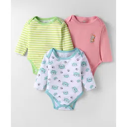 OHMS Single Jersey Knit Full Sleeves Onesies With Animal Print Pack of 3 - White Green & Pink-picture-12