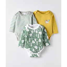 OHMS Single Jersey Knit Full Sleeves Onesies With Unicorn & Forest Print Pack of 3 - Green Yellow & White-picture-11