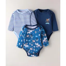 OHMS Single Jersey Knit Full Sleeves Striped & Animal Printed Onesies Pack of 3 - Navy Blue & White-picture-16