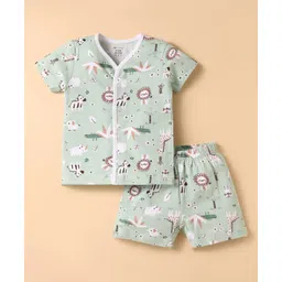 OHMS Single Jersey Knit Half Sleeves Co-ords Shorts Night Suit with Jungle Theme Print - Mint-image-28