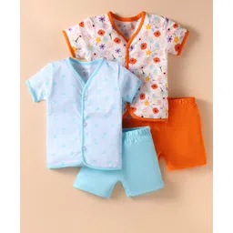 OHMS Single Jersey Knit Half Sleeves Floral & Hearts Printed Shorts Night Suits with Stripes Pack of 2 - Orange & Light Blue-image-11