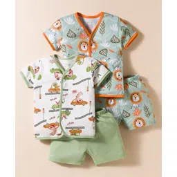 OHMS Single Jersey Knit Half Sleeves Front Open Shorts Co-ord Night Suits With Dino & Lion Print Pack of 2 - Multicolor-image-20