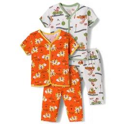 OHMS Single Jersey Knit Half Sleeves Night Suit With Animal Print Pack Of 2 - Orange & White-image-19