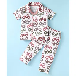 OHMS Single Jersey Knit Half Sleeves Night Suit With Tractor Print - White-image-49