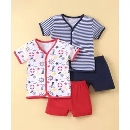 Ohms Single Jersey Knit Half Sleeves  Night Suits Striped & Light House Print Pack Of 2 - Red & Navy Blue-picture-25