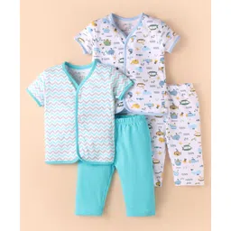 OHMS Single Jersey Knit Half Sleeves Night Suits With Whale & Submarine Print Pack of 2 - White & Light Blue-image-9