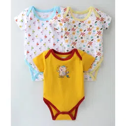 OHMS Single Jersey Knit Half Sleeves Onesies with Sea Horse Floral & Kitty Print Pack of 3 - Yellow & White-picture-22