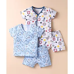 OHMS Single Jersey Knit Half Sleeves Short Night Suit with Nautical Theme & Animal Print Pack of 2 - Light Blue & White-image-31