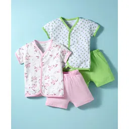 OHMS Single Jersey Knit Half Sleeves Shorts Night Suit With Floral Print Pack Of 2 - Light Green & Pink-image-27