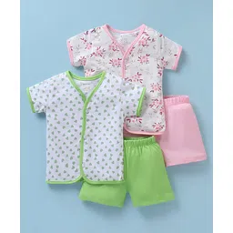 OHMS Single Jersey Knit Half Sleeves Shorts Night Suit With Floral Print Pack Of 2 - Light Green & Pink-image-22