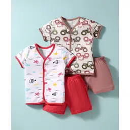 OHMS Single Jersey Knit Half Sleeves Shorts Night Suit With Vehicle Print Pack Of 2 - Red & Rose Gold-picture-24