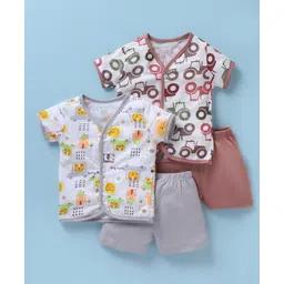 OHMS Single Jersey Knit Half Sleeves Shorts Night Suit With Vehicle Print Pack Of 2 - White & Rose Gold-image-39