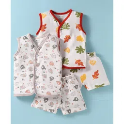 OHMS Single Jersey Knit Sleeveless Elephant & Tropical Theme Printed Shorts Night Suits Pack of 2 - White-picture-12