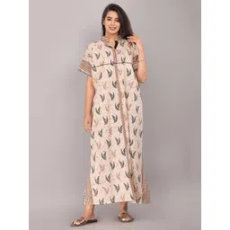 Ohseem Floral Printed Mandarin Collar Pure Cotton Maxi Nightdress-picture-37