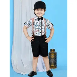 OJ TREND Boys Printed Y Suspenders Shirt & Shorts Dungaree Set With Bow Tie & Cap-picture-23