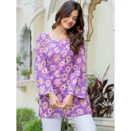 OKARA Women Floral Printed Square Neck Flared Sleeves Pure Cotton Kurti image 5
