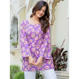 OKARA Women Floral Printed Square Neck Flared Sleeves Pure Cotton Kurti image 2