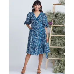 Okhai Sea Life Blue Pure Cotton Printed A-Line Wrap Dress-picture-14