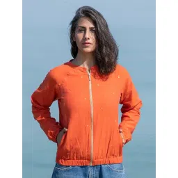 Okhai Silent Dream Orange Pure Cotton Hand Embroidered Bomber Jacket-picture-38