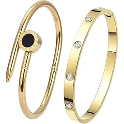 okos Gold Plated Fashion Jewellery Stainless Steel Anti Tarnish Cuff Band Style Bangle Bracelet And Nail Style Combo Pack of 2 with White CZ Stones For Girls and Women CO1000482GLD-picture-28