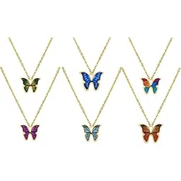 okos Western Jewellery Combo of 6 Gold Plated Multicolor Enamelled (Meenakari) Fluttering Butterfly Pendant Necklace with Chain For Girls and Women CO1000454MUL-picture-34