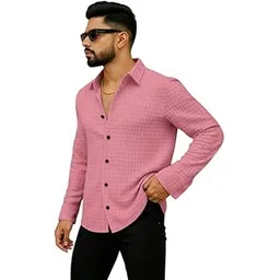 olcheees Men's Casual Button Down Shirts Long Sleeve Linen Shirt Fashion Textured Beach Summer Shirt (in, Alpha, XL, Regular, New Pink Jeel)-picture-48