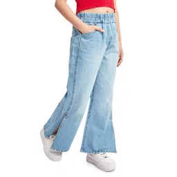 Olele Cotton Denim Mild Washed & Side Slit Relaxed Fit Jeans - Blue-picture-18