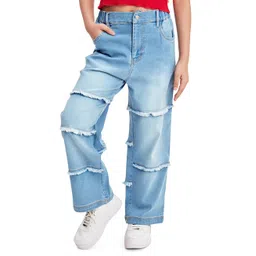 Olele Cotton Denim Tiered Raw Hem Relaxed Fit Jeans - Blue-picture-16