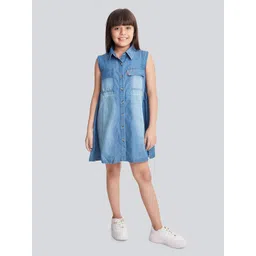 Olele Girls Cotton Denim Sleeveless Shirt Dress-picture-11