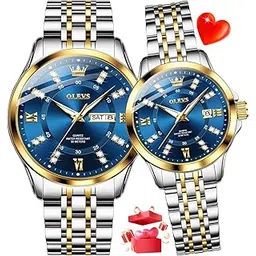 olevs Couple Watch Set - His & Her Matching Watches with Luxury Diamond Accents - Romantic Valentine's Day Stainless Steel Original Quartz Men's and Women's Watch Lovers Set-picture-11