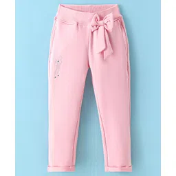 Olio Kids Cotton Knit Full Length  Lounge Pant with Bow Detailing Solid Colour - Pink-picture-25