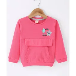 Olio Kids Cotton Knit Full Sleeves Winter T-Shirt with Kangaroo Pocket & Star Printed - Pink-picture-22